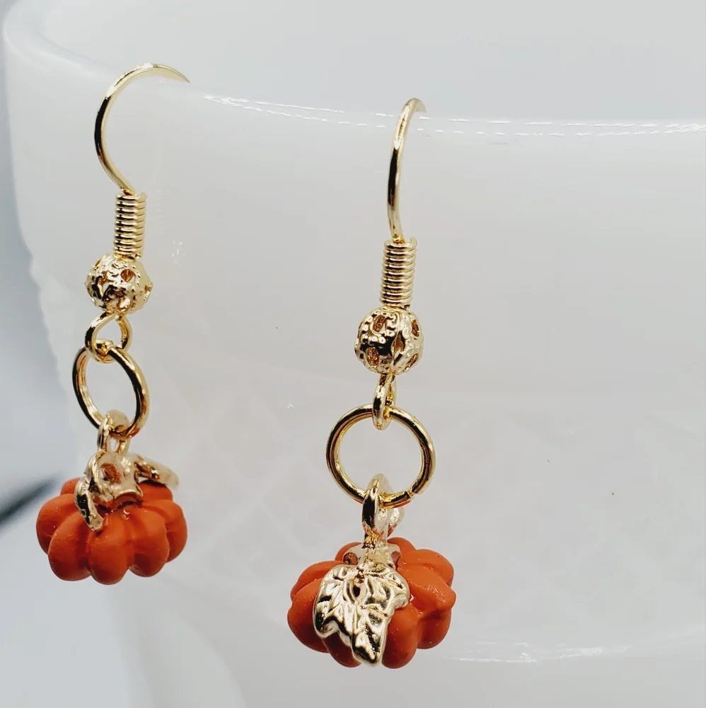 Orange pumpkin earrings 18k gold filigree handmade artisan fall Thanksgiving New - Picture 1 of 6
